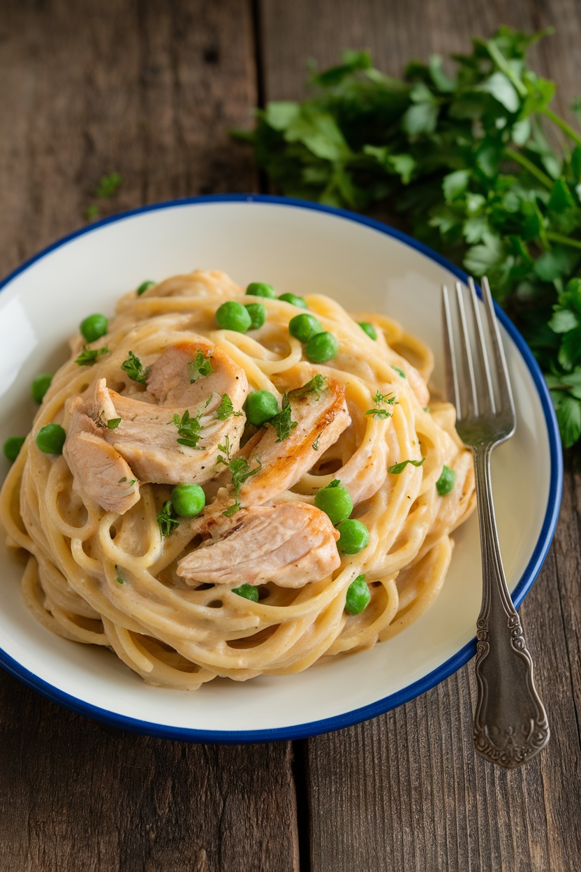 A bowl of Chicken Carbonara with peas, topped with parsley, on a wooden table.